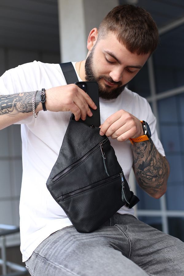 Сумка чоловіча SKILL через плече із натуральної шкіри чорна SKL-005-1 фото